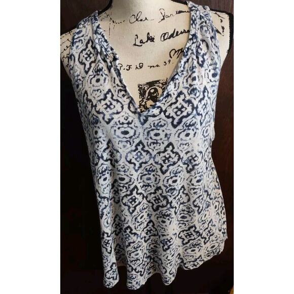 Athleta Newport Medallion Tank Top Womens Size Small V-Neck Linen Casual Loose - Picture 1 of 7